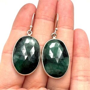 STERLING SILVER 925 Oval Faceted Gemstone Raw Emerald Dangle Earrings